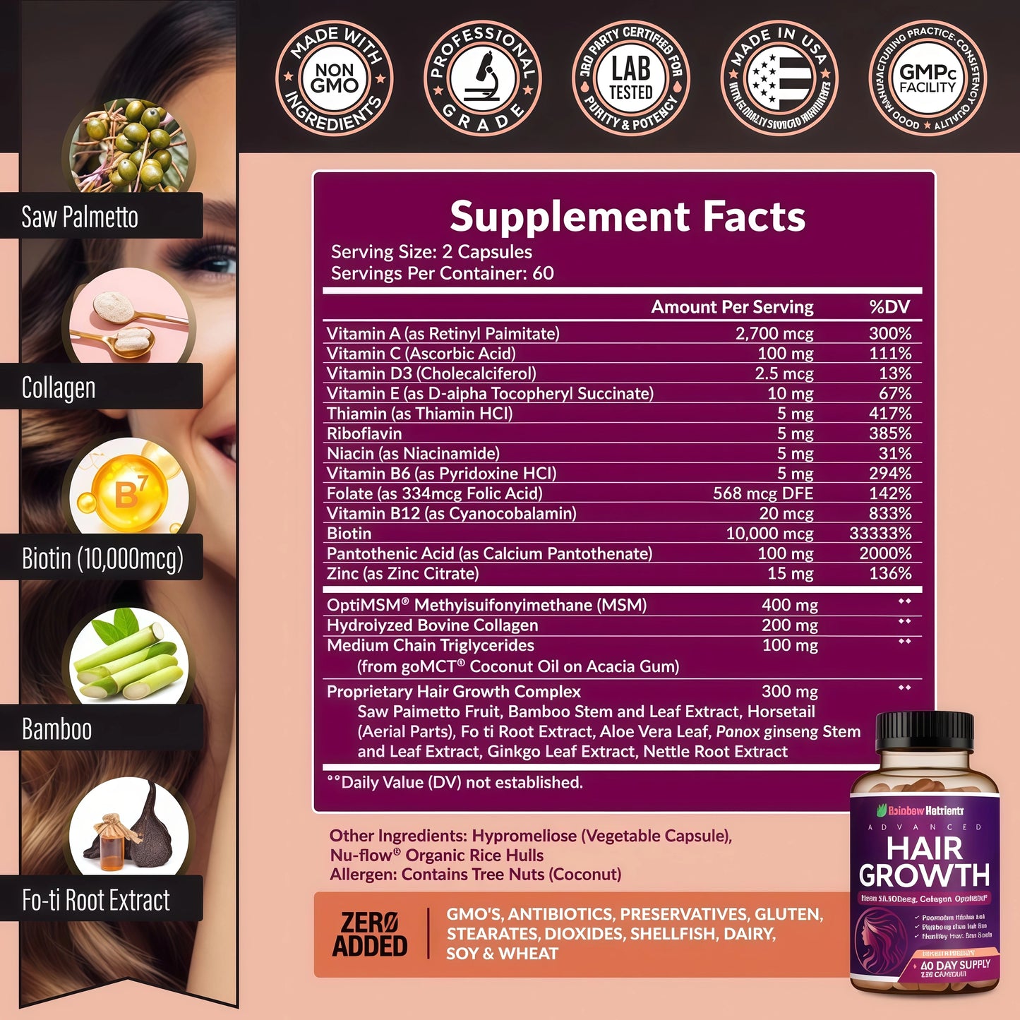 Hair Growth Vitamins for Women | Biotin 10,000mcg, Collagen, Patented OptiMSM®, goMCT®, Saw Palmetto | Naturally Supports Stronger & Healthier Hair, Skin and Nails |Non GMO + Made in USA|60 Day Supply