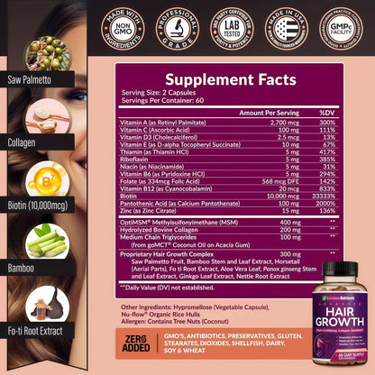Hair Growth Vitamins for Women | Biotin 10,000mcg, Collagen, Patented OptiMSM®, goMCT®, Saw Palmetto | Naturally Supports Stronger & Healthier Hair, Skin and Nails |Non GMO + Made in USA|60 Day Supply
