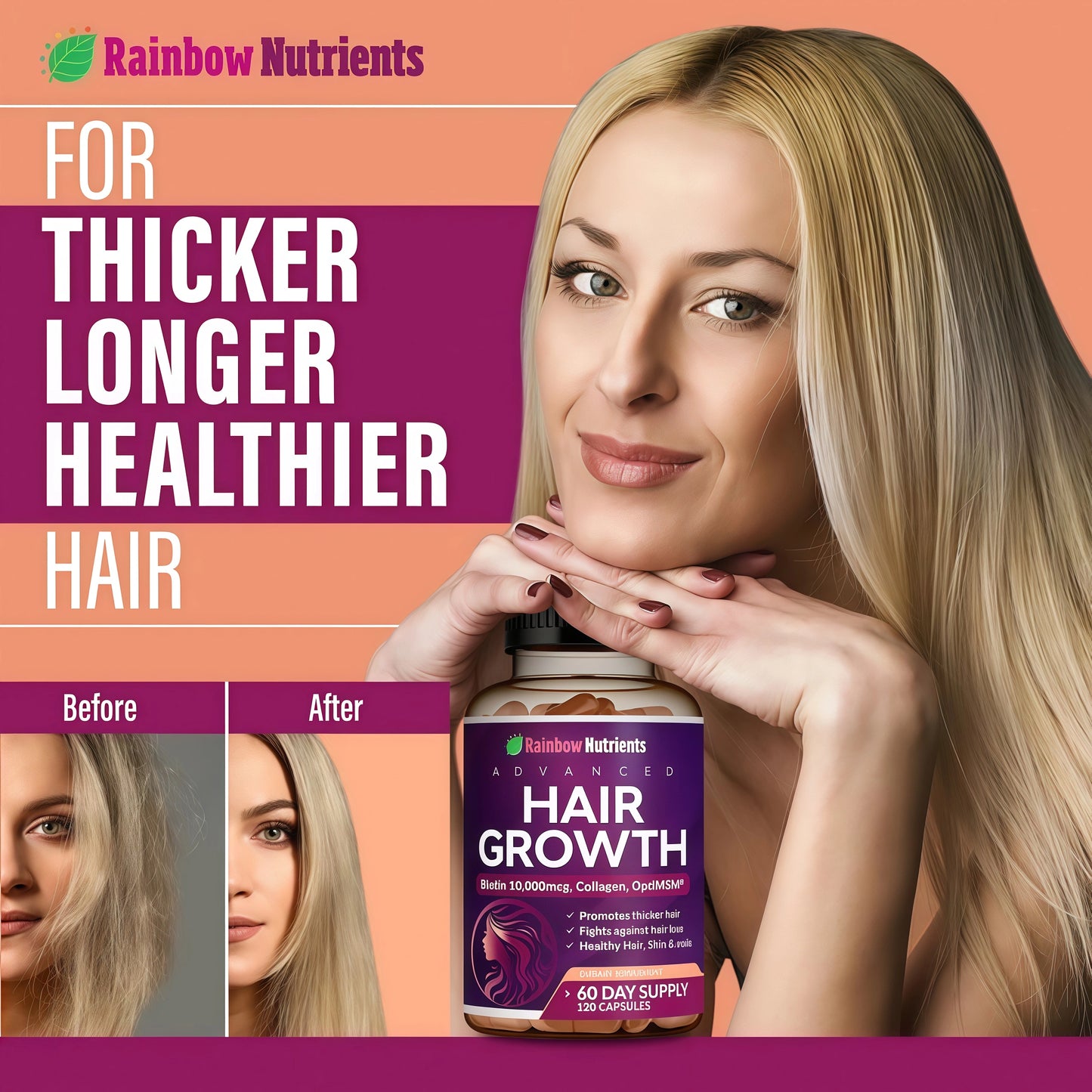 Hair Growth Vitamins for Women | Biotin 10,000mcg, Collagen, Patented OptiMSM®, goMCT®, Saw Palmetto | Naturally Supports Stronger & Healthier Hair, Skin and Nails |Non GMO + Made in USA|60 Day Supply